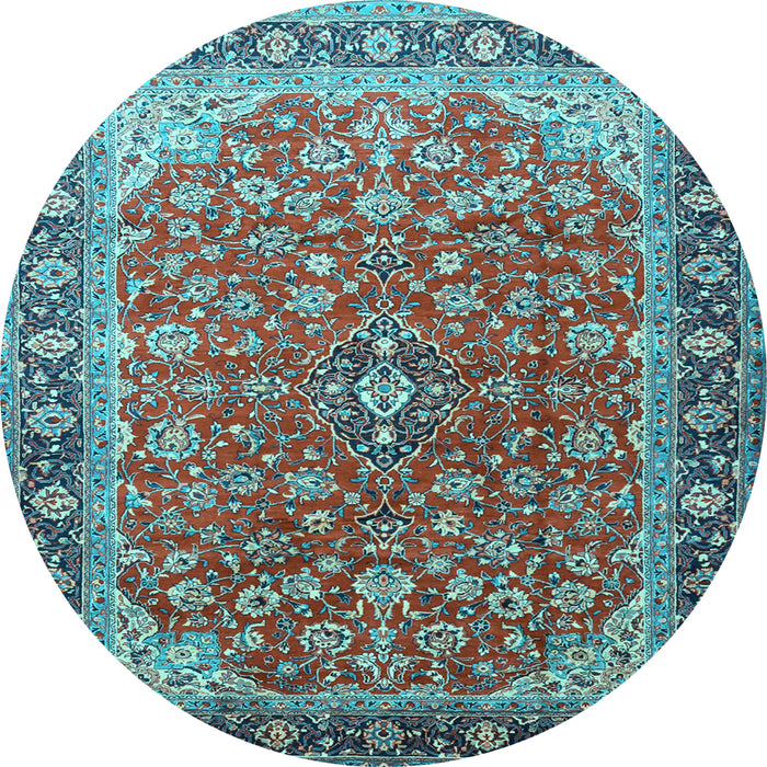 Round Machine Washable Medallion Light Blue Traditional Rug, wshtr2118lblu