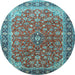 Round Machine Washable Medallion Light Blue Traditional Rug, wshtr2118lblu