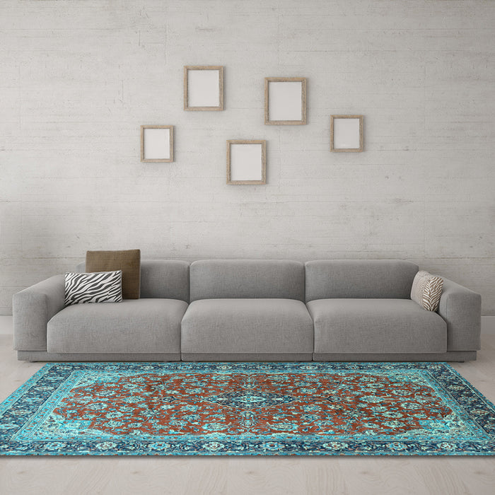 Machine Washable Medallion Light Blue Traditional Rug in a Living Room, wshtr2118lblu