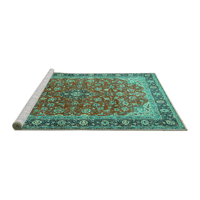 Sideview of Machine Washable Medallion Turquoise Traditional Area Rugs, wshtr2118turq