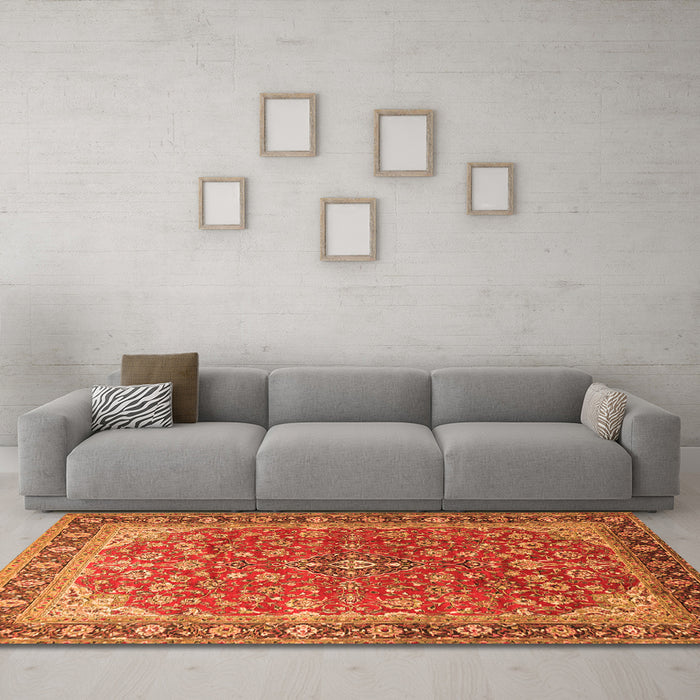 Machine Washable Medallion Orange Traditional Area Rugs in a Living Room, wshtr2118org