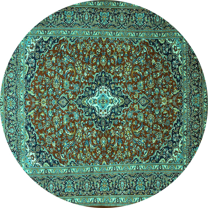 Round Machine Washable Medallion Turquoise Traditional Area Rugs, wshtr2119turq