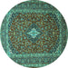 Round Machine Washable Medallion Turquoise Traditional Area Rugs, wshtr2119turq