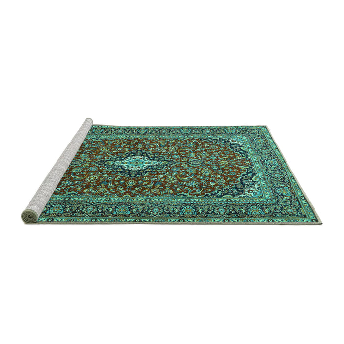 Sideview of Machine Washable Medallion Turquoise Traditional Area Rugs, wshtr2119turq