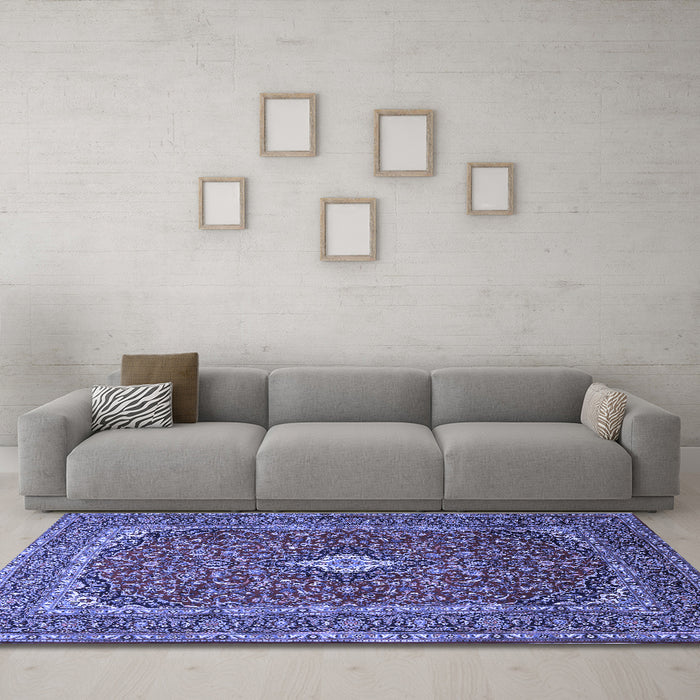 Machine Washable Medallion Blue Traditional Rug in a Living Room, wshtr2119blu