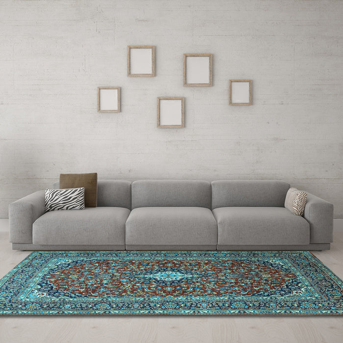 Machine Washable Medallion Light Blue Traditional Rug in a Living Room, wshtr2119lblu