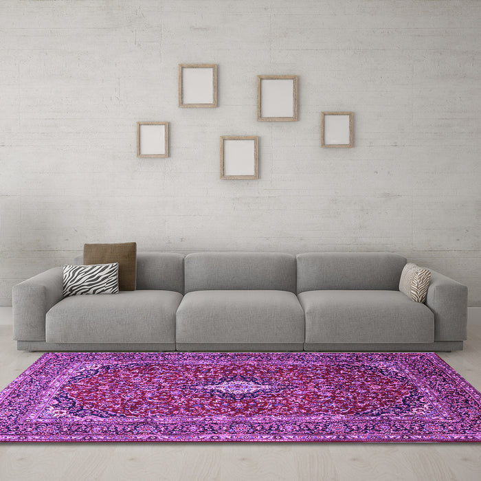 Machine Washable Medallion Purple Traditional Area Rugs in a Living Room, wshtr2119pur