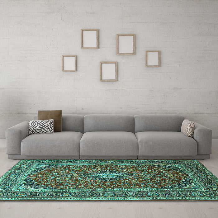 Machine Washable Medallion Turquoise Traditional Area Rugs in a Living Room,, wshtr2119turq