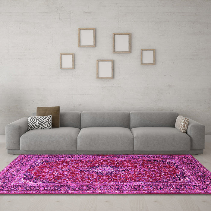 Machine Washable Medallion Pink Traditional Rug in a Living Room, wshtr2119pnk
