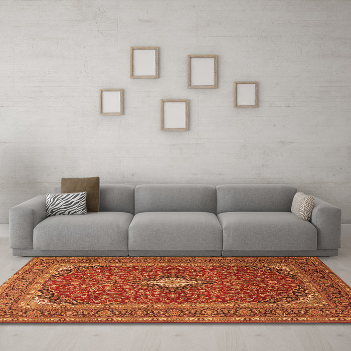 Machine Washable Medallion Orange Traditional Area Rugs in a Living Room, wshtr2119org