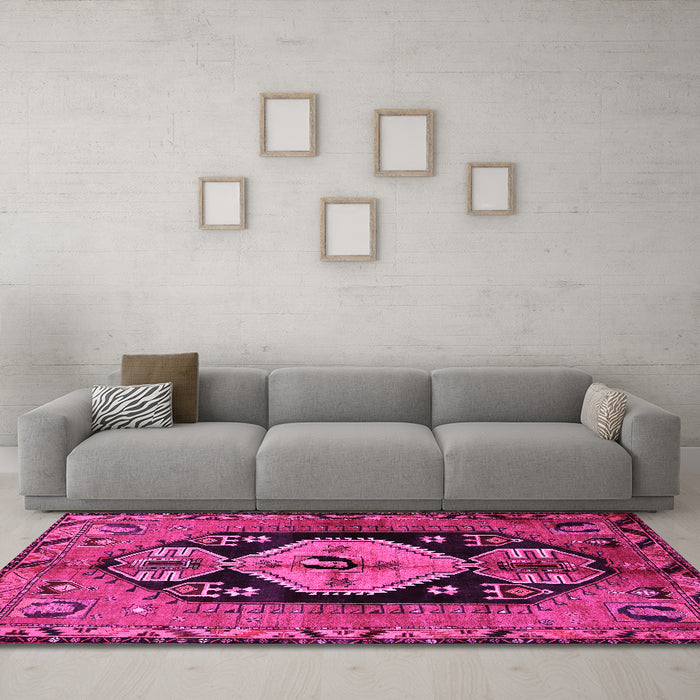 Machine Washable Persian Pink Traditional Rug in a Living Room, wshtr211pnk