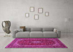Machine Washable Medallion Pink Traditional Rug in a Living Room, wshtr2120pnk