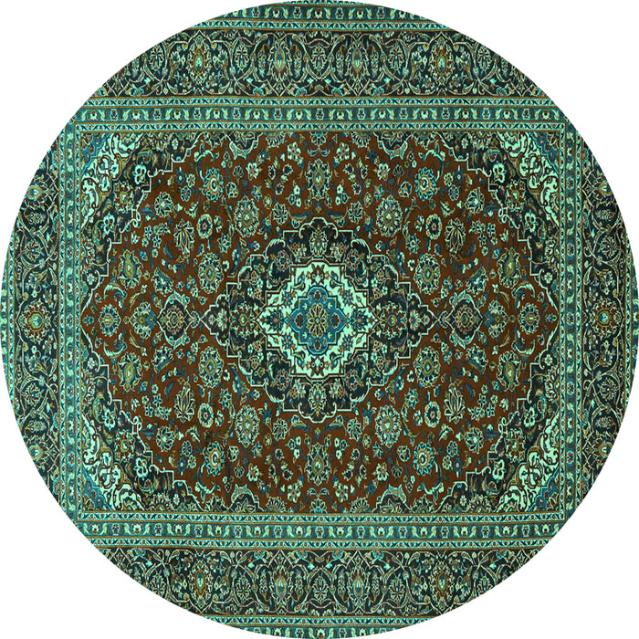 Round Machine Washable Medallion Turquoise Traditional Area Rugs, wshtr2120turq