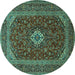 Round Machine Washable Medallion Turquoise Traditional Area Rugs, wshtr2120turq