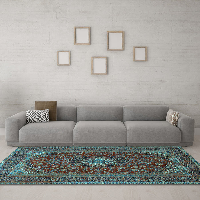 Machine Washable Medallion Light Blue Traditional Rug in a Living Room, wshtr2120lblu