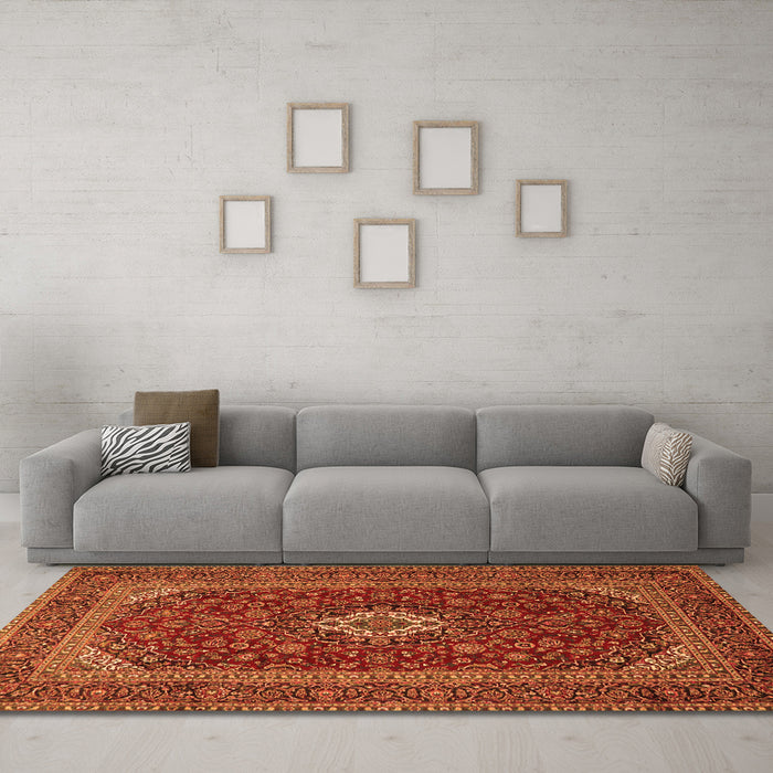 Machine Washable Medallion Orange Traditional Area Rugs in a Living Room, wshtr2120org