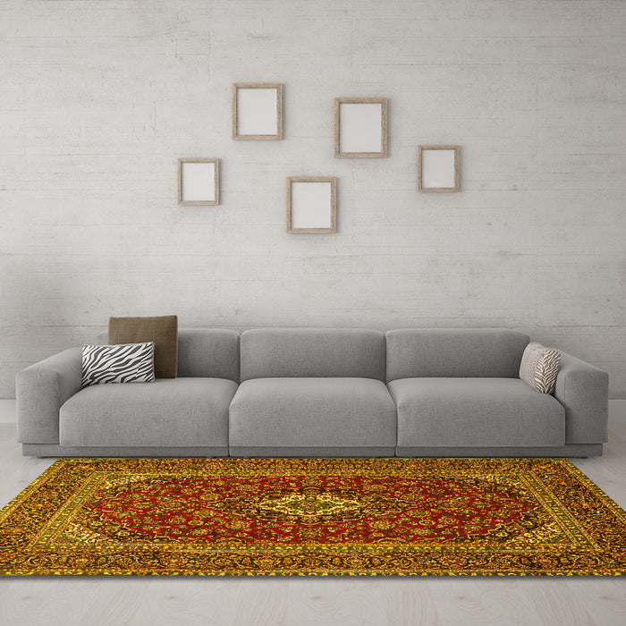 Machine Washable Medallion Yellow Traditional Rug in a Living Room, wshtr2120yw