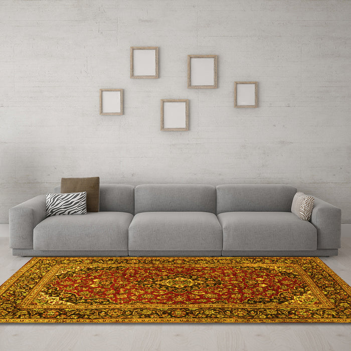 Machine Washable Medallion Yellow Traditional Rug in a Living Room, wshtr2122yw