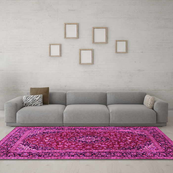 Machine Washable Medallion Pink Traditional Rug in a Living Room, wshtr2122pnk
