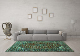 Machine Washable Medallion Turquoise Traditional Area Rugs in a Living Room,, wshtr2122turq