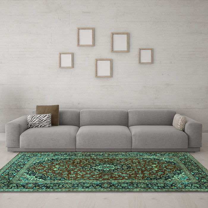 Machine Washable Medallion Turquoise Traditional Area Rugs in a Living Room,, wshtr2122turq