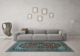 Machine Washable Medallion Light Blue Traditional Rug in a Living Room, wshtr2122lblu