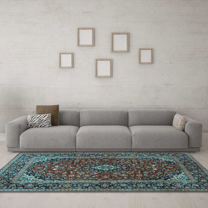 Machine Washable Medallion Light Blue Traditional Rug in a Living Room, wshtr2122lblu