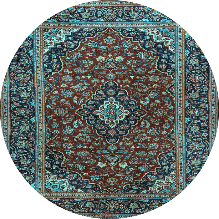 Round Machine Washable Medallion Light Blue Traditional Rug, wshtr2122lblu