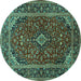 Round Machine Washable Medallion Turquoise Traditional Area Rugs, wshtr2122turq