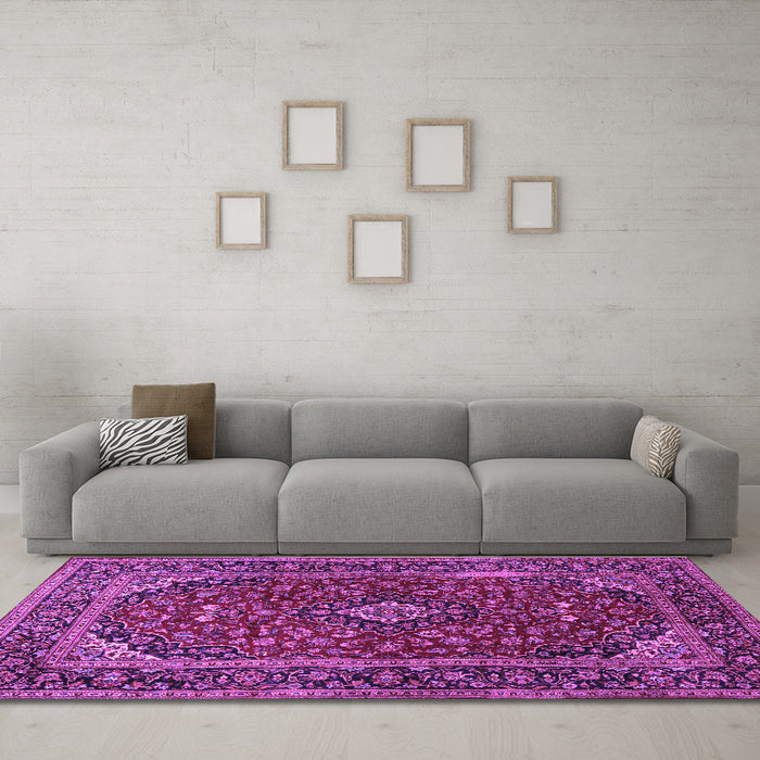 Machine Washable Medallion Purple Traditional Area Rugs in a Living Room, wshtr2122pur