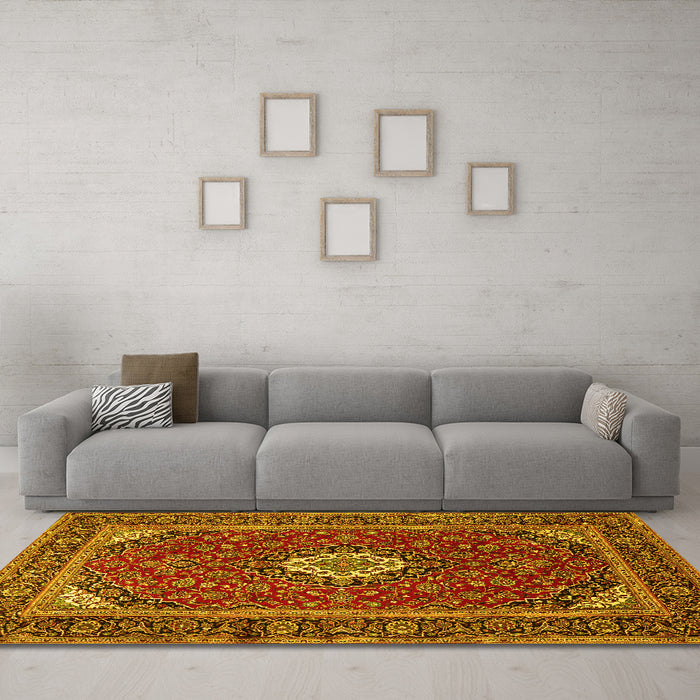 Machine Washable Medallion Yellow Traditional Rug in a Living Room, wshtr2123yw