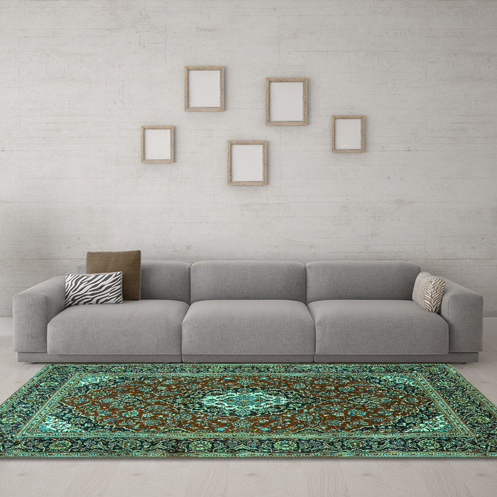 Machine Washable Medallion Turquoise Traditional Area Rugs in a Living Room,, wshtr2123turq