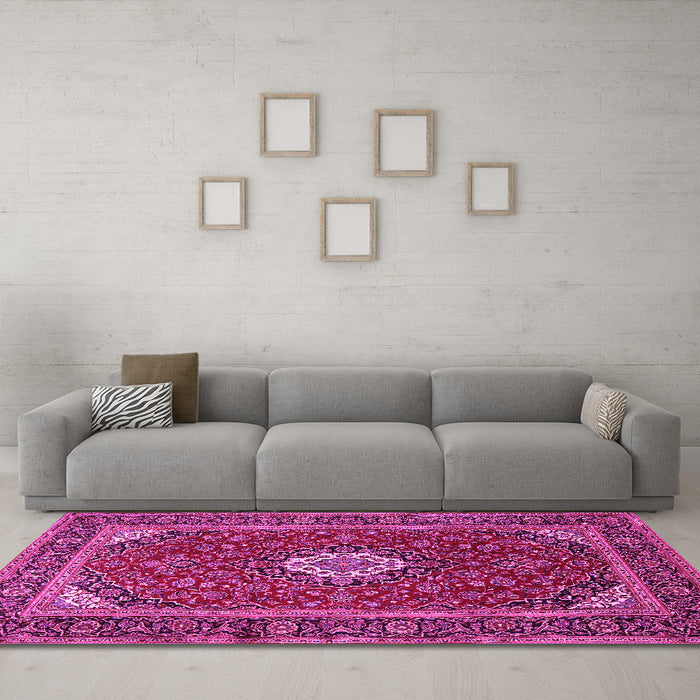 Machine Washable Medallion Pink Traditional Rug in a Living Room, wshtr2123pnk