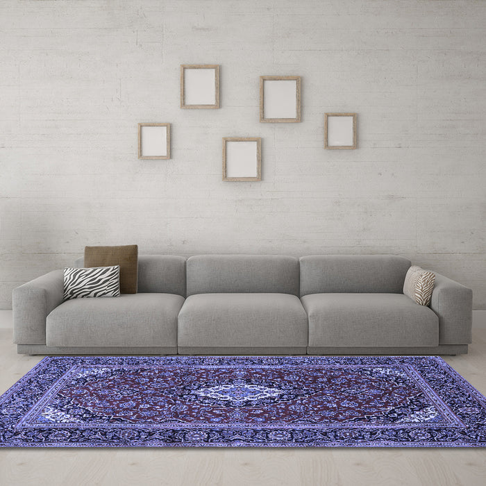 Machine Washable Medallion Blue Traditional Rug in a Living Room, wshtr2123blu