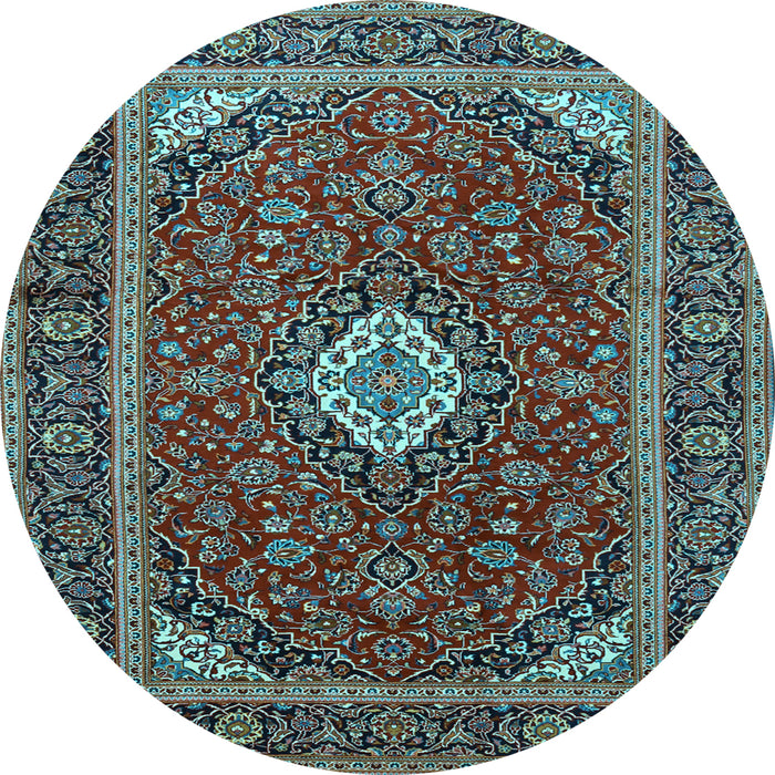 Round Machine Washable Medallion Light Blue Traditional Rug, wshtr2123lblu