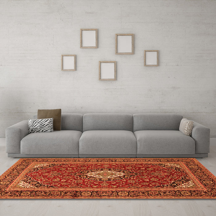 Machine Washable Medallion Orange Traditional Area Rugs in a Living Room, wshtr2123org