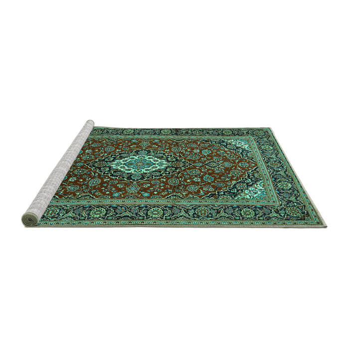 Sideview of Machine Washable Medallion Turquoise Traditional Area Rugs, wshtr2123turq