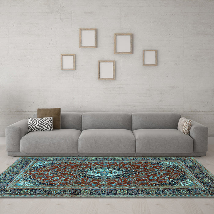Machine Washable Medallion Light Blue Traditional Rug in a Living Room, wshtr2123lblu