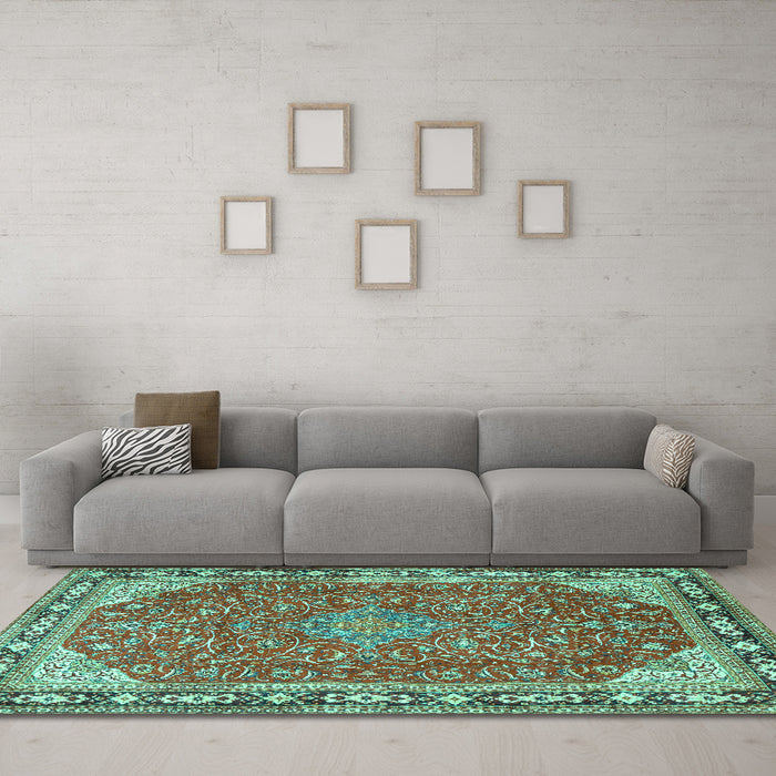 Machine Washable Persian Turquoise Traditional Area Rugs in a Living Room,, wshtr2124turq