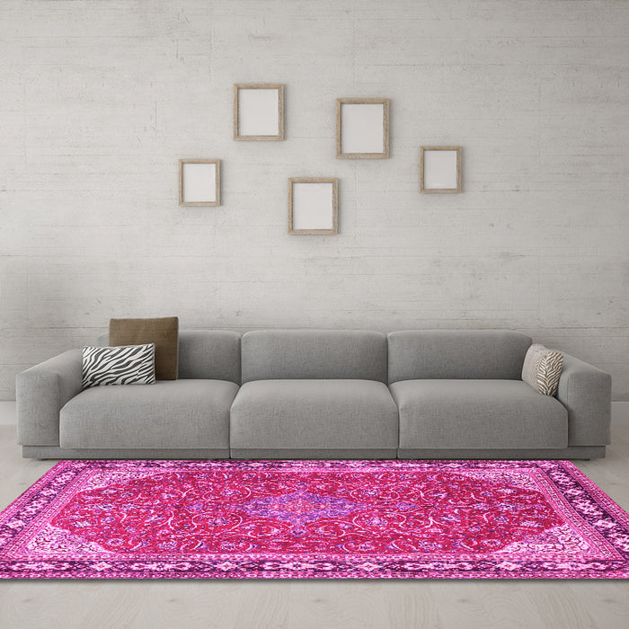 Machine Washable Persian Pink Traditional Rug in a Living Room, wshtr2124pnk