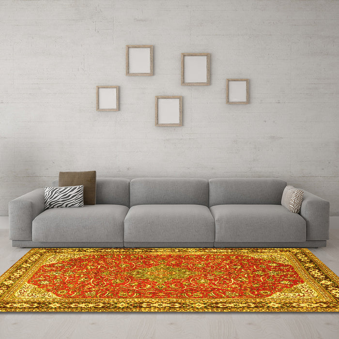 Machine Washable Persian Yellow Traditional Rug in a Living Room, wshtr2124yw