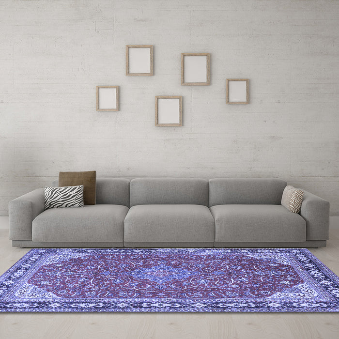 Machine Washable Persian Blue Traditional Rug in a Living Room, wshtr2124blu