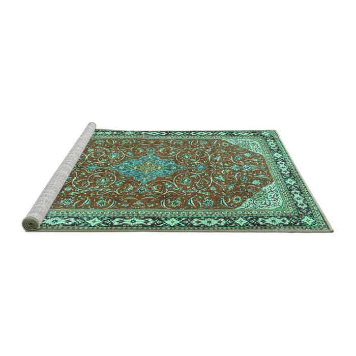 Sideview of Machine Washable Persian Turquoise Traditional Area Rugs, wshtr2124turq