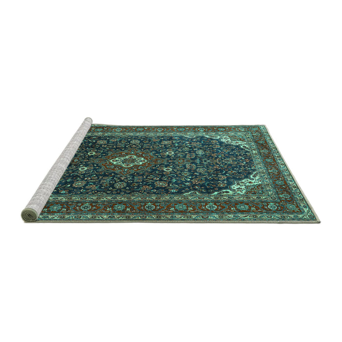Sideview of Machine Washable Persian Turquoise Traditional Area Rugs, wshtr2126turq