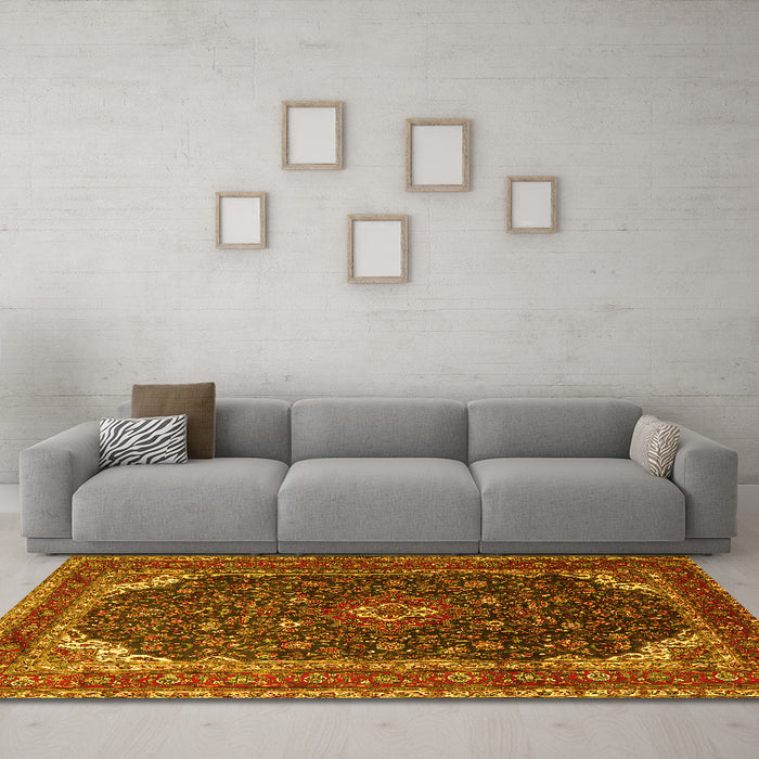 Machine Washable Persian Yellow Traditional Rug in a Living Room, wshtr2126yw