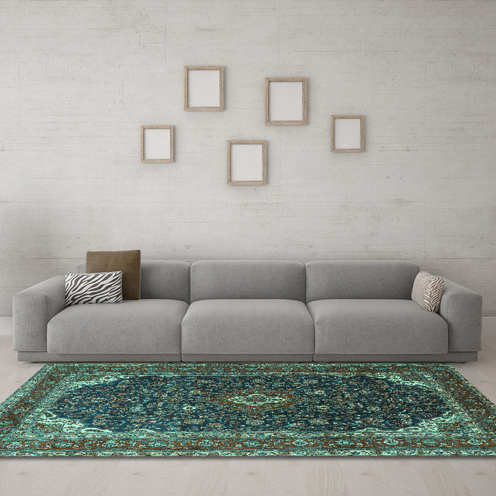 Machine Washable Persian Turquoise Traditional Area Rugs in a Living Room,, wshtr2126turq