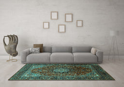 Machine Washable Medallion Turquoise Traditional Area Rugs in a Living Room,, wshtr2128turq