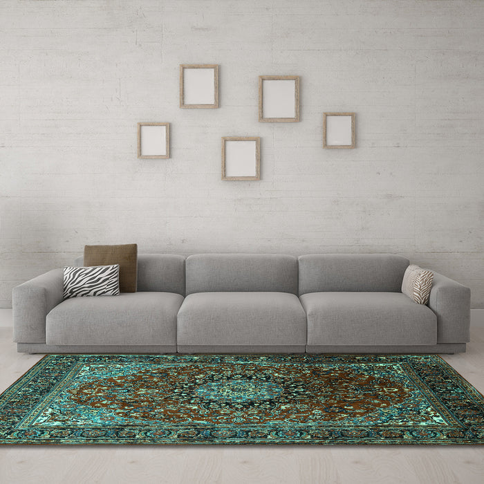 Machine Washable Medallion Turquoise Traditional Area Rugs in a Living Room,, wshtr2128turq