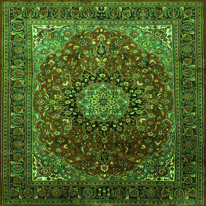 Round Machine Washable Medallion Green Traditional Area Rugs, wshtr2128grn