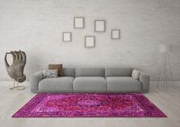 Machine Washable Medallion Pink Traditional Rug in a Living Room, wshtr2128pnk